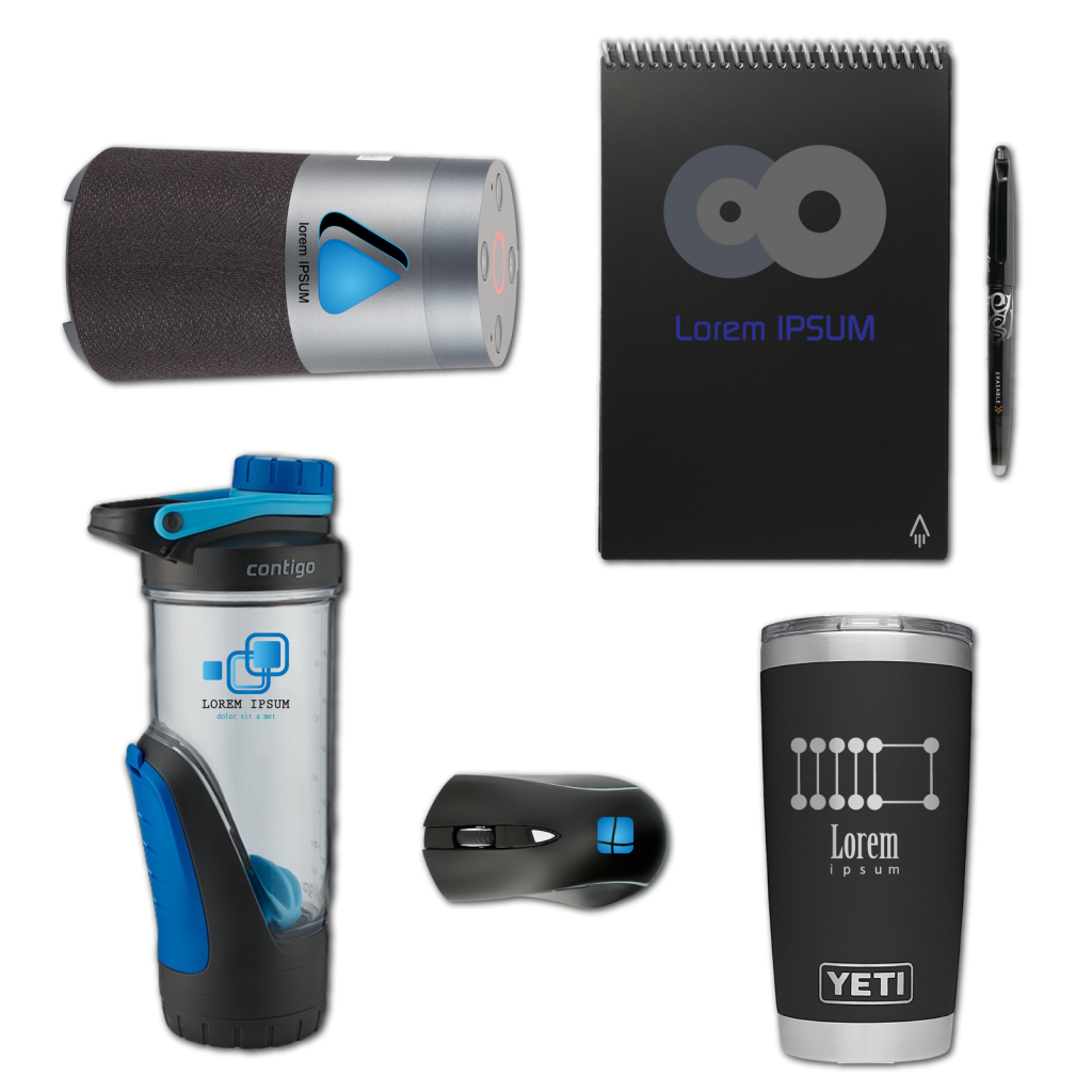 Branded merchandise including a note page, Bluetooth speaker, water bottle, mug, and mouse.
