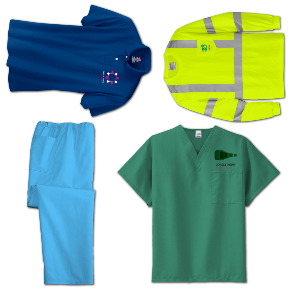 A t-shirt, construction long sleeve shirt, pants and scrub top with company logos.