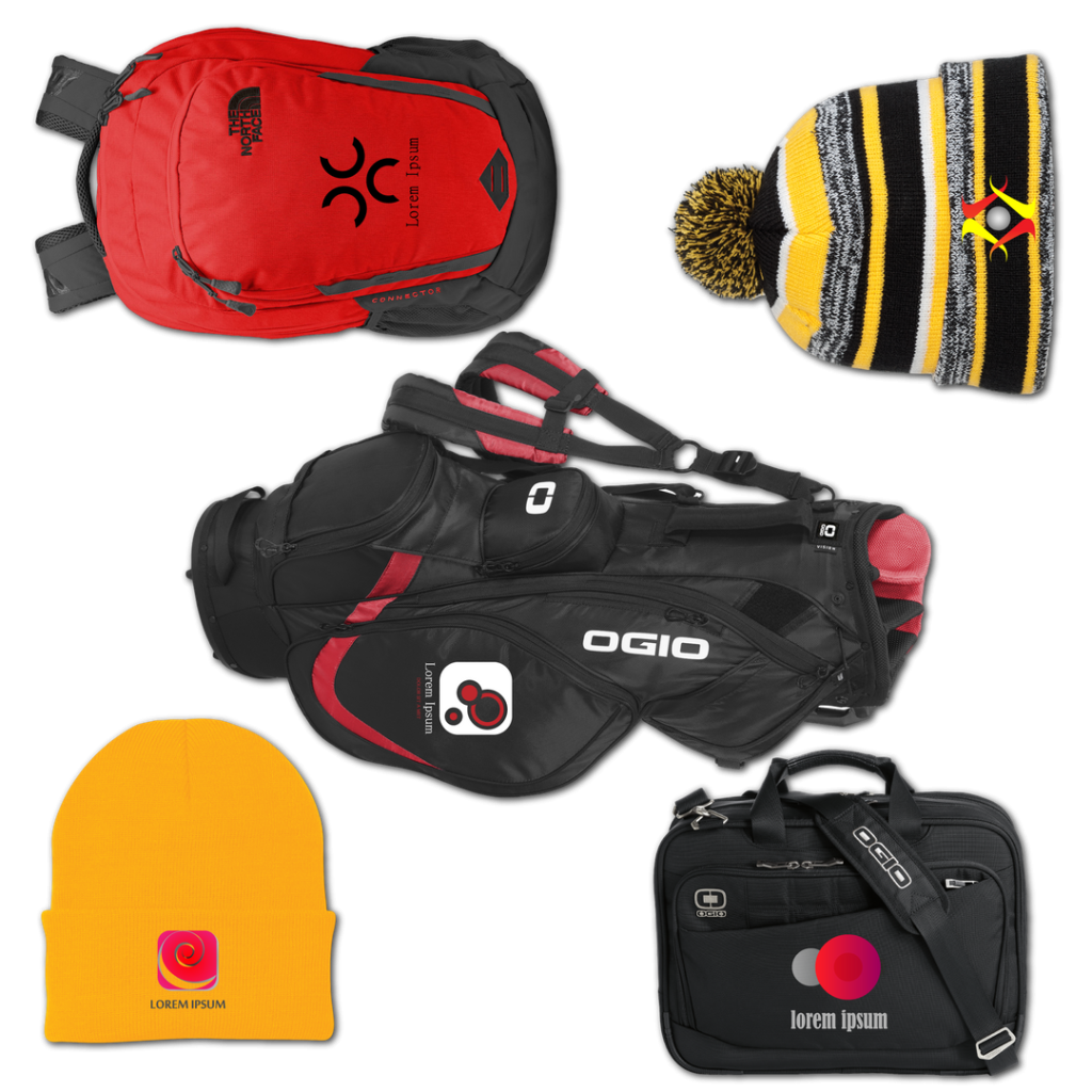 Backpack, hats, golf bag, and laptop bag with company branding.