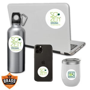 Picture of a laptop, water bottle, phone case and cup with logo printing.