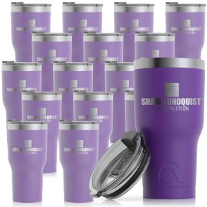 15 purple vacuum sealed mugs with a contractor name printed on the front.