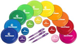 Rainbow colors of dog frisbees, dog fetching balls, and pens with logo printing on the front.