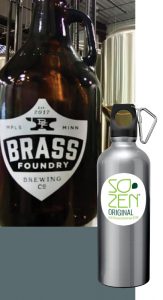 A growler and water bottle with company branding.