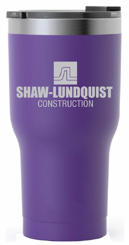 Purple conference swag travel mug with company's trademark.