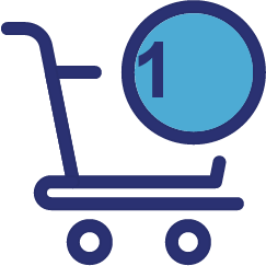 Simple picture of a cart with the number 1 in a blue circle.