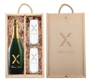 Picture of a wine kit with a bottle of wine and two glasses.